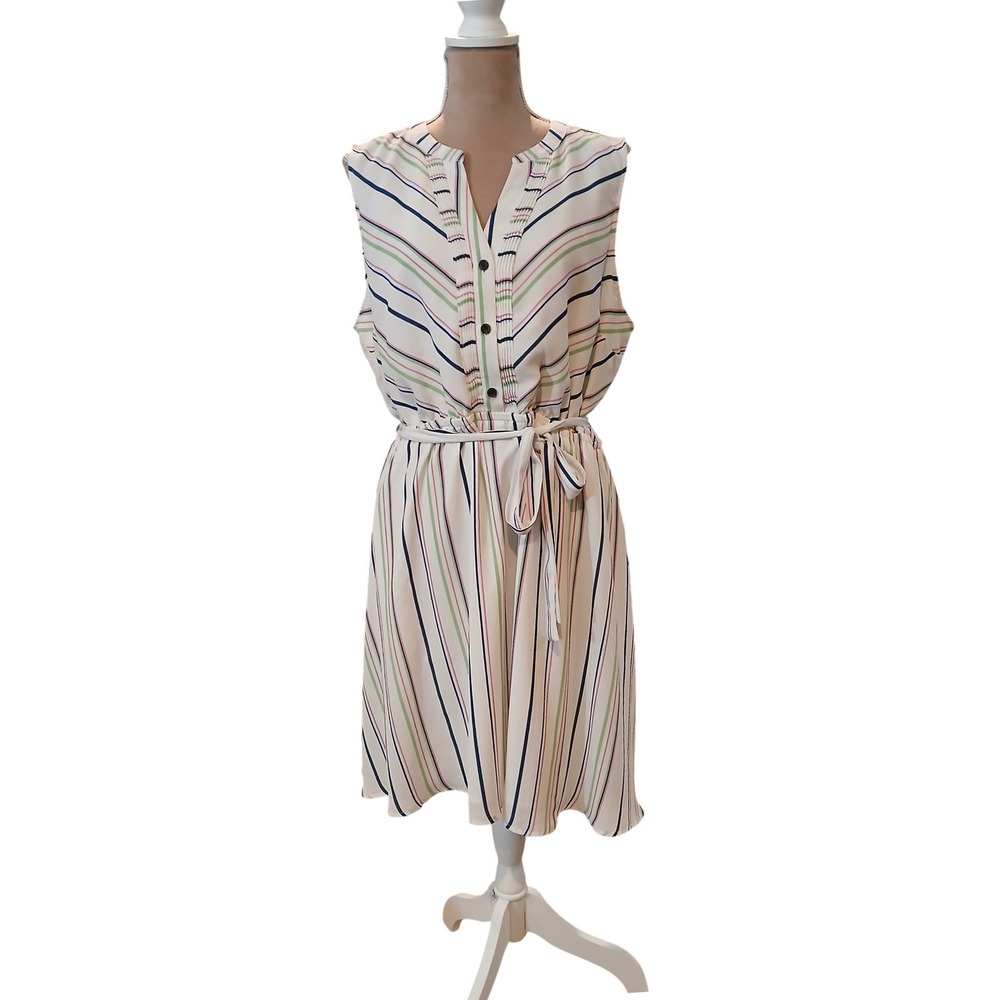 Apt. 9 Womens XL White Striped Sleeveless Pleated V-Neck Belted Midi Dress